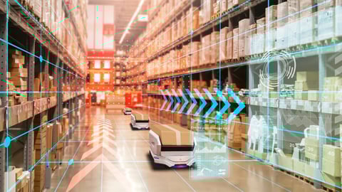 Warehouse management with automated robotics,Warehousing and Technology Connections.,using automation in product management,AI systems for work; Shutterstock ID 2321214945