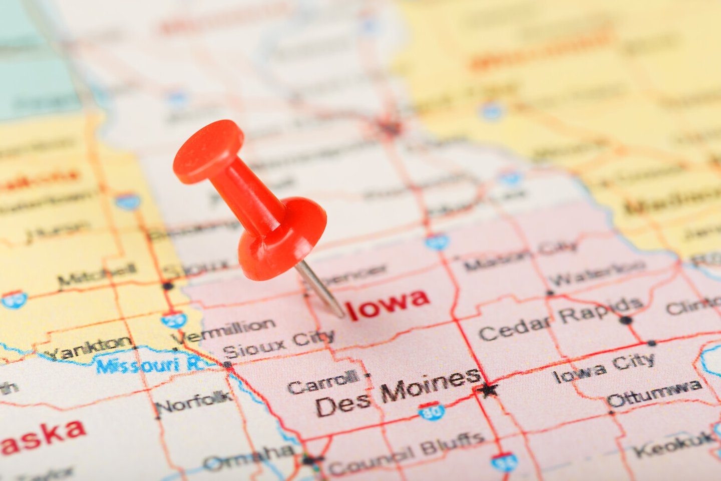 Red clerical needle on a map of USA, Iowa and the capital Des Moines. Close up map of Iowa with red tack, United States map pin USA; Shutterstock ID 1474208930